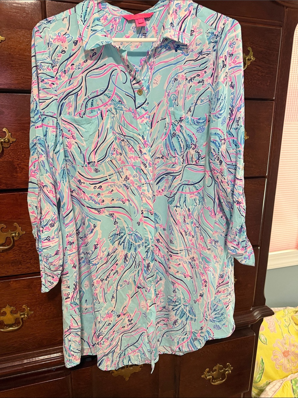 Lilly Pulitzer Light Blue Tropical Print Button-Up Tunic